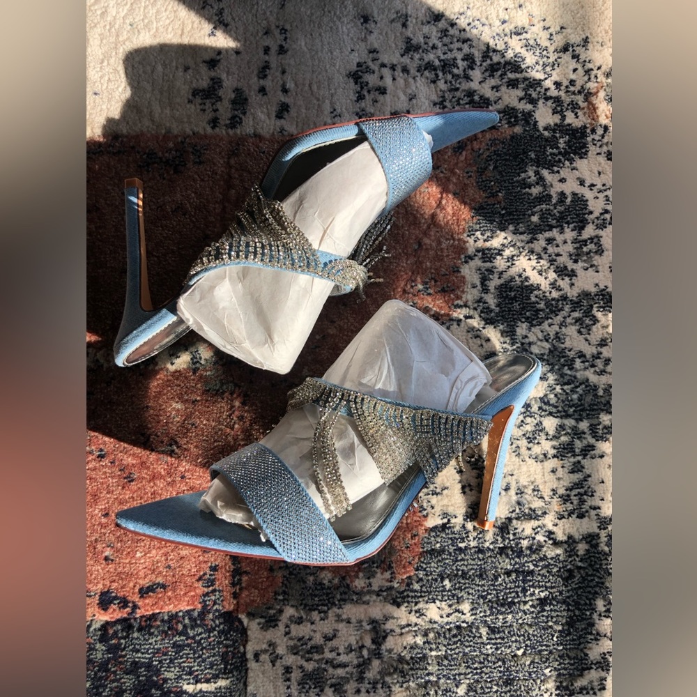 Denim Rhinestones Fringe Heel NWOB